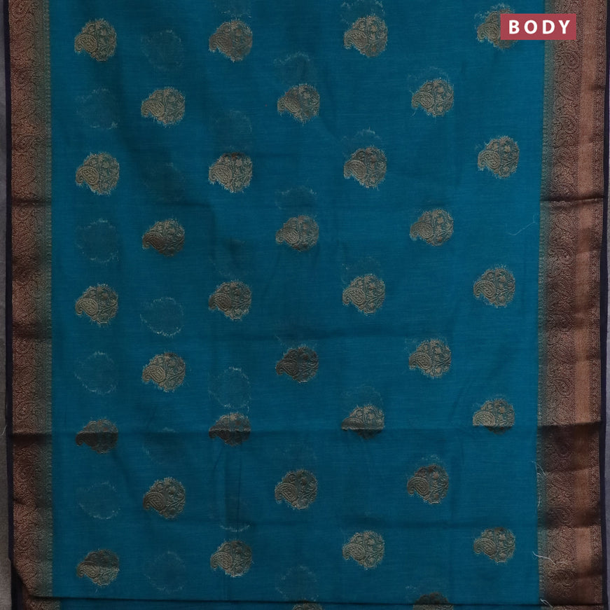 Banarasi semi matka saree teal blue and blue with antique zari woven buttas and antique zari border