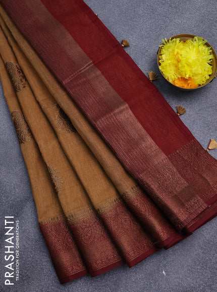 Banarasi semi matka saree sandal and maroon with antique zari woven buttas and antique zari border