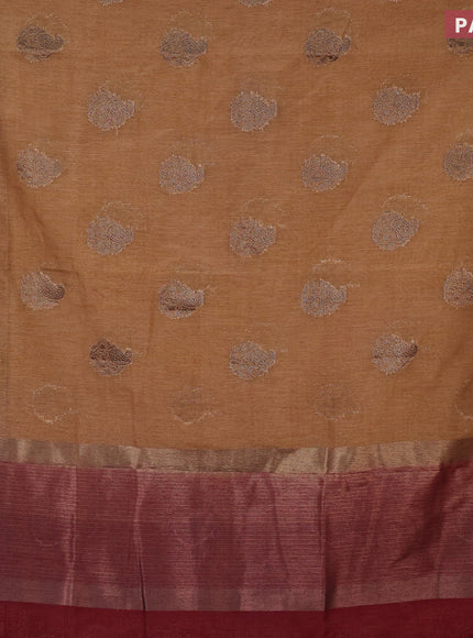 Banarasi semi matka saree sandal and maroon with antique zari woven buttas and antique zari border