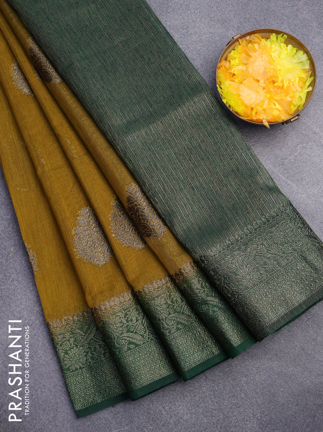 Banarasi semi matka saree mustard shade and dark green with antique zari woven buttas and antique zari border