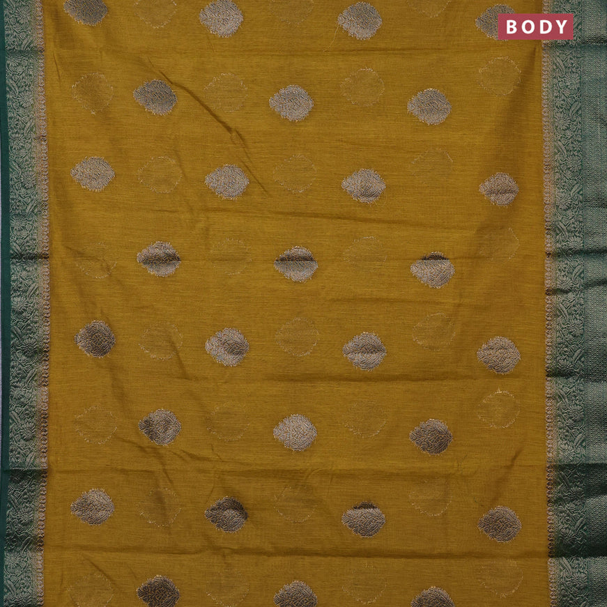 Banarasi semi matka saree mustard shade and dark green with antique zari woven buttas and antique zari border