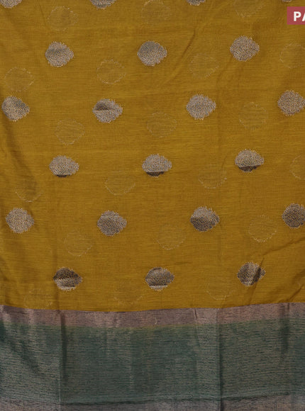 Banarasi semi matka saree mustard shade and dark green with antique zari woven buttas and antique zari border