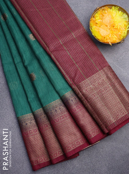 Banarasi semi matka saree green shade and magenta pink with antique zari woven buttas and antique zari border