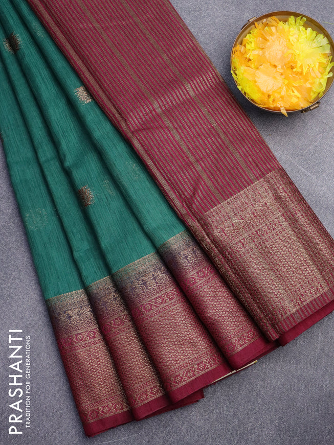 Banarasi semi matka saree green shade and magenta pink with antique zari woven buttas and antique zari border