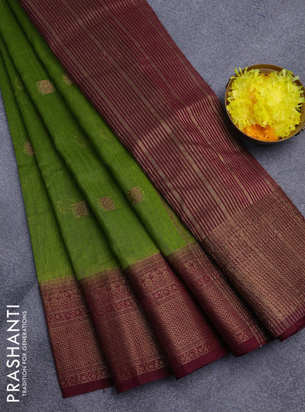 Banarasi semi matka saree light green and dark magenta pink with antique zari woven buttas and antique zari border