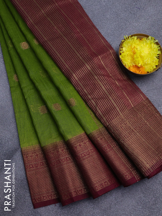 Banarasi semi matka saree light green and dark magenta pink with antique zari woven buttas and antique zari border