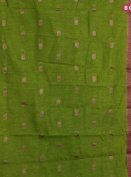 Banarasi semi matka saree light green and dark magenta pink with antique zari woven buttas and antique zari border