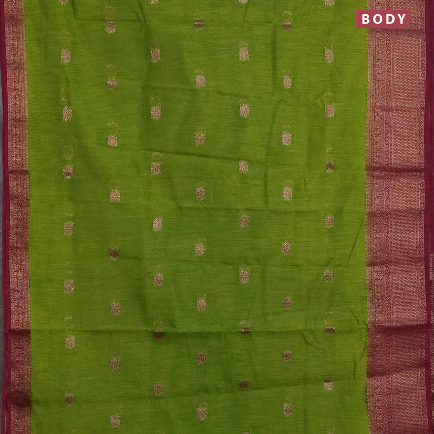 Banarasi semi matka saree light green and dark magenta pink with antique zari woven buttas and antique zari border