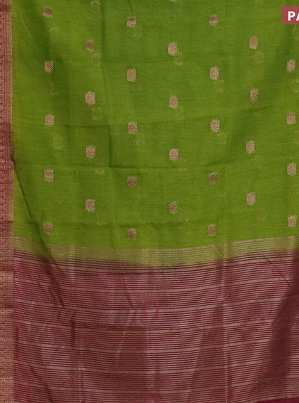 Banarasi semi matka saree light green and dark magenta pink with antique zari woven buttas and antique zari border