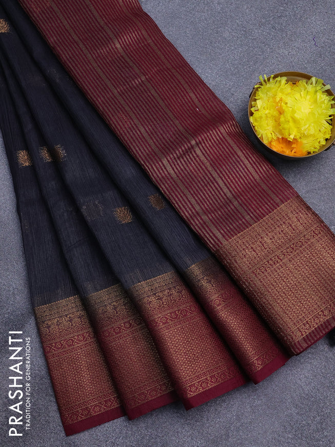 Banarasi semi matka saree dark grey and dark magenta pink with antique zari woven buttas and antique zari border