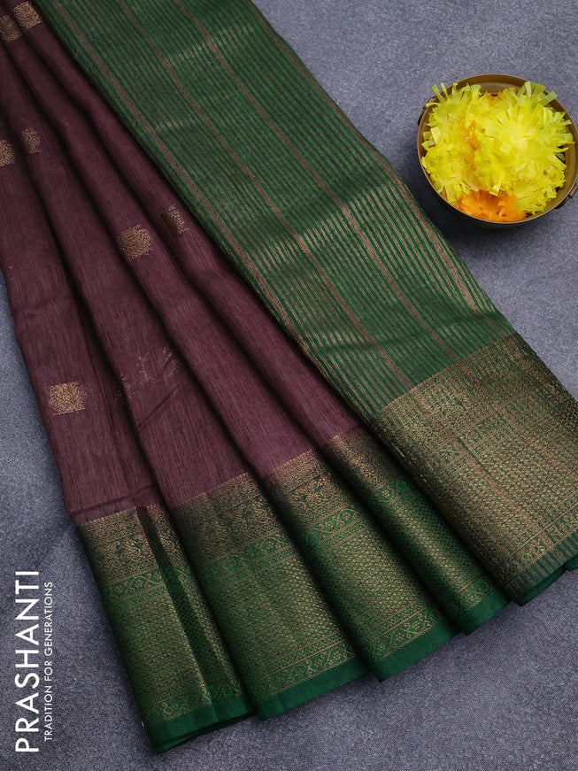 Banarasi semi matka saree wine shade and green with antique zari woven buttas and antique zari border