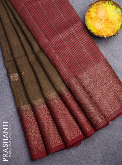 Banarasi semi matka saree chikku shade and maroon with antique zari woven buttas and antique zari border