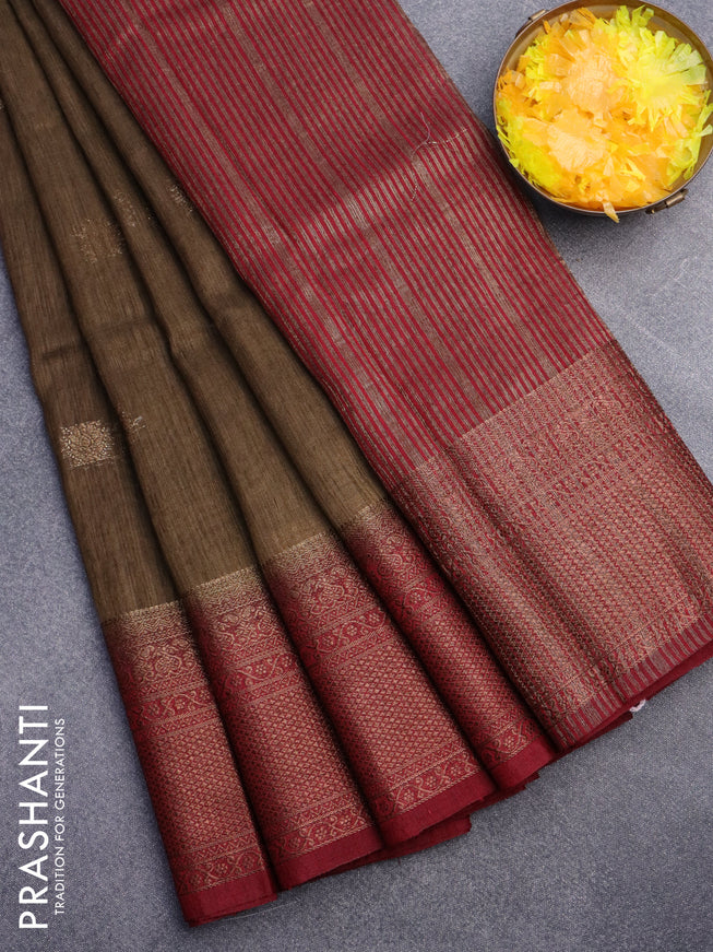 Banarasi semi matka saree chikku shade and maroon with antique zari woven buttas and antique zari border