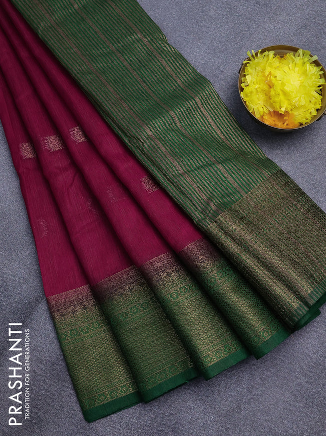 Banarasi semi matka saree red and green with antique zari woven buttas and antique zari border