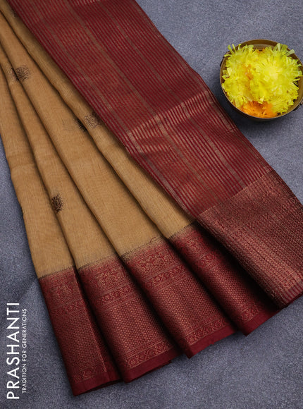 Banarasi semi matka saree sandal and maroon with antique zari woven buttas and antique zari border