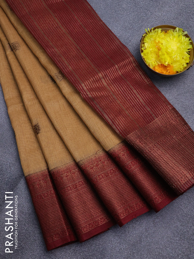 Banarasi semi matka saree sandal and maroon with antique zari woven buttas and antique zari border