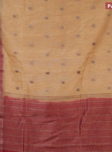 Banarasi semi matka saree sandal and maroon with antique zari woven buttas and antique zari border