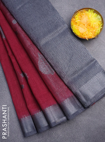 Banarasi semi matka saree maroon and grey with antique zari woven buttas and antique zari border