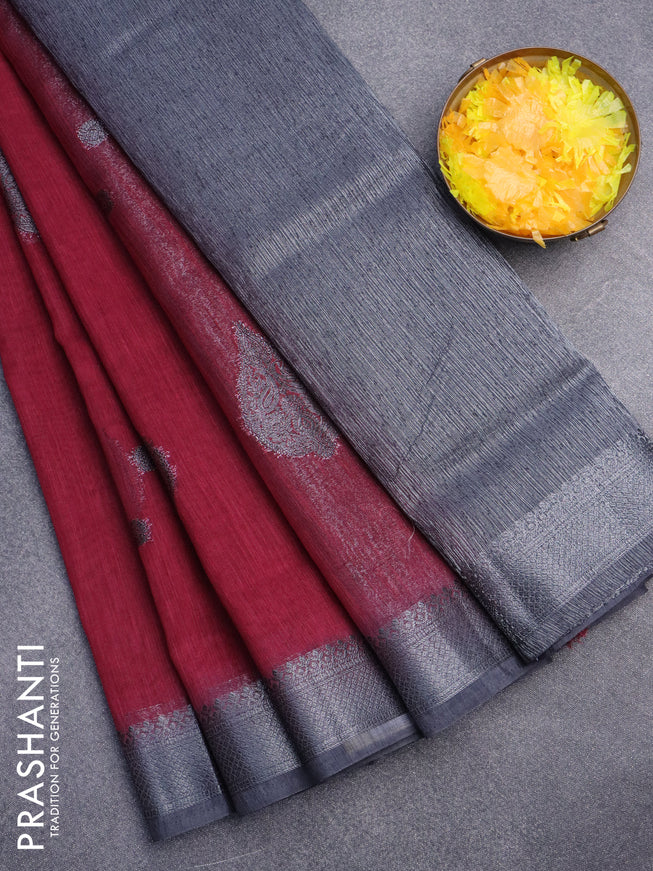 Banarasi semi matka saree maroon and grey with antique zari woven buttas and antique zari border