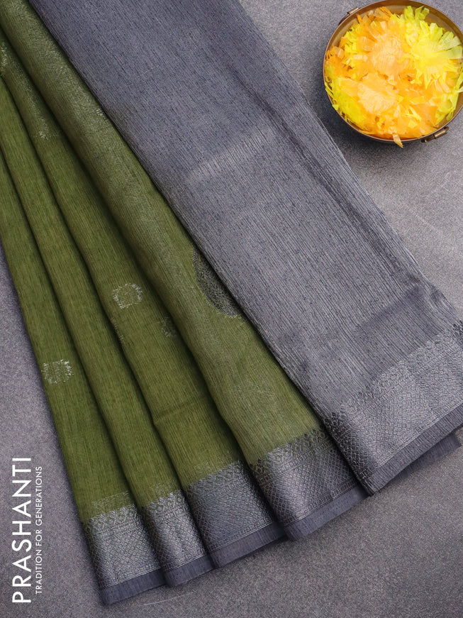 Banarasi semi matka saree sap green and grey with antique zari woven buttas and antique zari border