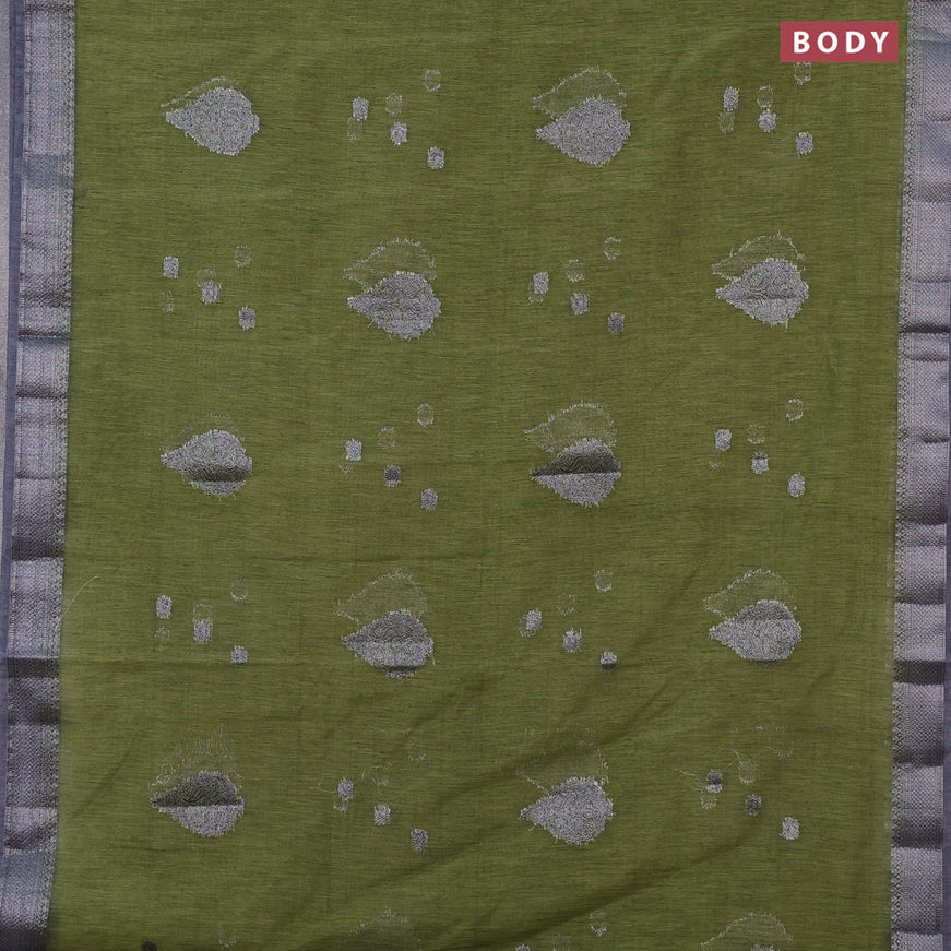 Banarasi semi matka saree sap green and grey with antique zari woven buttas and antique zari border