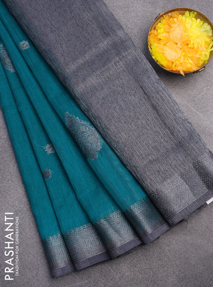 Banarasi semi matka saree teal green and grey with antique zari woven buttas and antique zari border