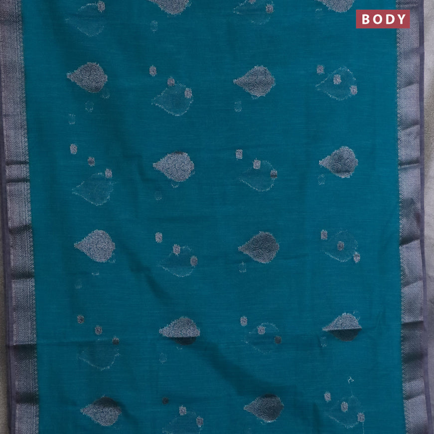 Banarasi semi matka saree teal green and grey with antique zari woven buttas and antique zari border