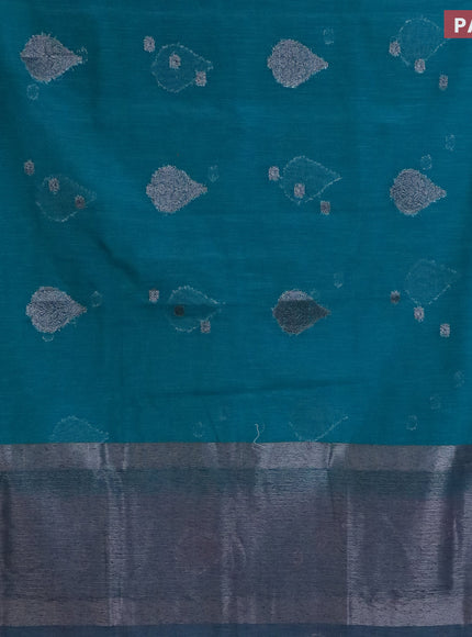 Banarasi semi matka saree teal green and grey with antique zari woven buttas and antique zari border