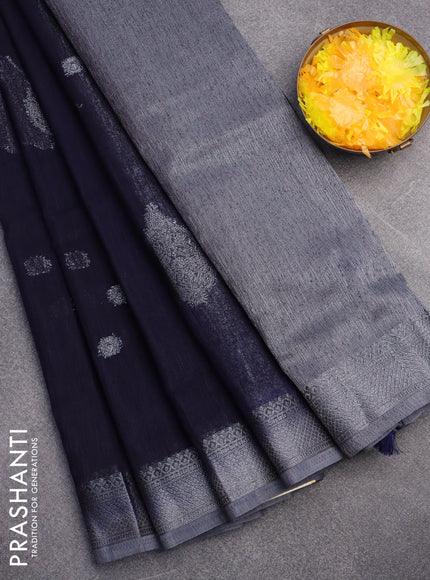 Banarasi semi matka saree navy blue and grey with antique zari woven buttas and antique zari border