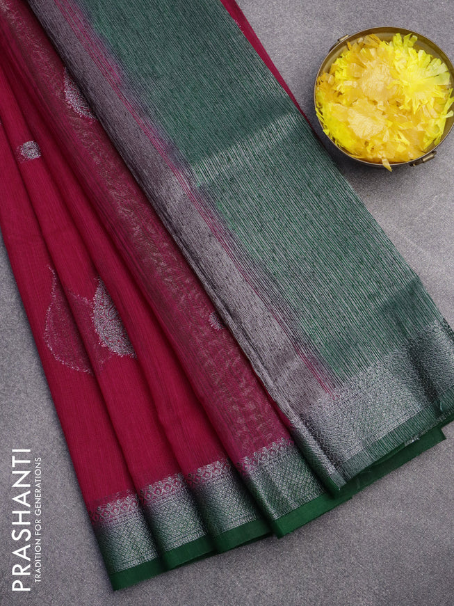 Banarasi semi matka saree dark pink and dark green with antique zari woven buttas and antique zari border