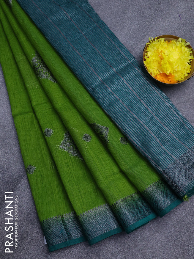 Banarasi semi matka saree light green and peacock green with antique zari woven buttas and antique zari border