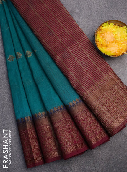 Banarasi semi matka saree teal green and dark magenta pink with antique zari woven buttas and antique zari border