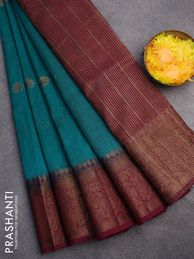 Banarasi semi matka saree teal green and dark magenta pink with antique zari woven buttas and antique zari border