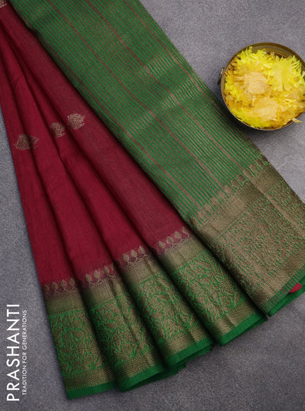 Banarasi semi matka saree tomato red and green with antique zari woven buttas and antique zari border