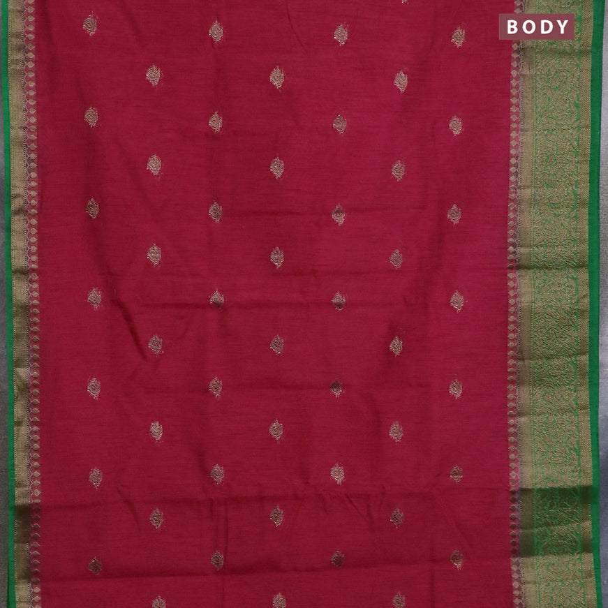 Banarasi semi matka saree tomato red and green with antique zari woven buttas and antique zari border