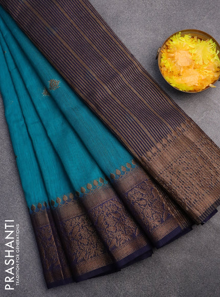 Banarasi semi matka saree teal blue and navy blue with antique zari woven buttas and antique zari border