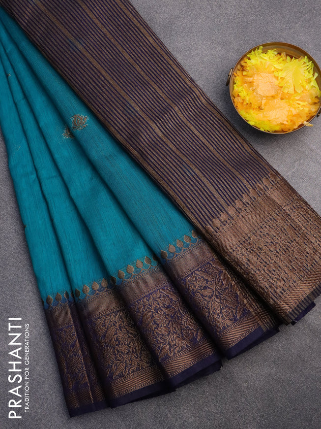 Banarasi semi matka saree teal blue and navy blue with antique zari woven buttas and antique zari border