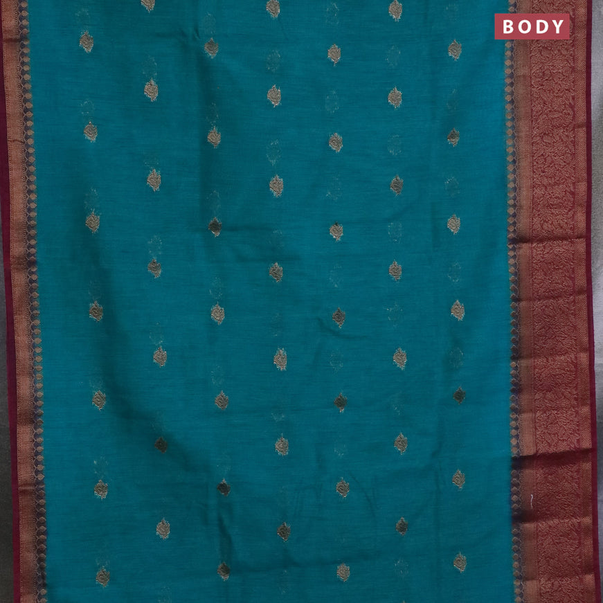 Banarasi semi matka saree teal green and dark magenta pink with antique zari woven buttas and antique zari border