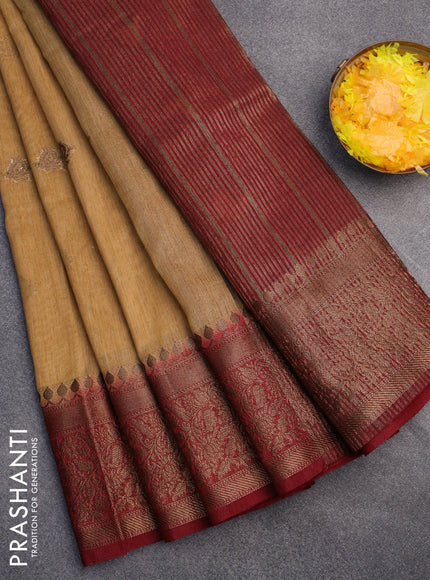 Banarasi semi matka saree sandal and maroon with antique zari woven buttas and antique zari border