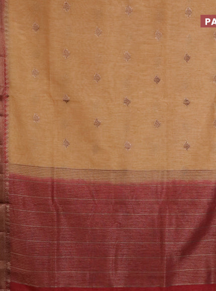 Banarasi semi matka saree sandal and maroon with antique zari woven buttas and antique zari border