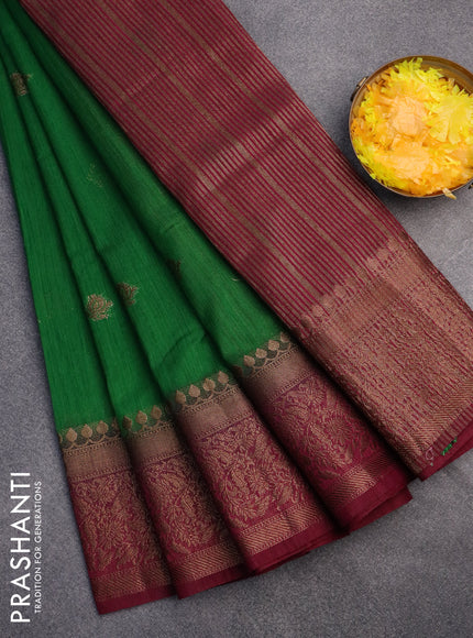 Banarasi semi matka saree green and dark magenta pink with antique zari woven buttas and antique zari border