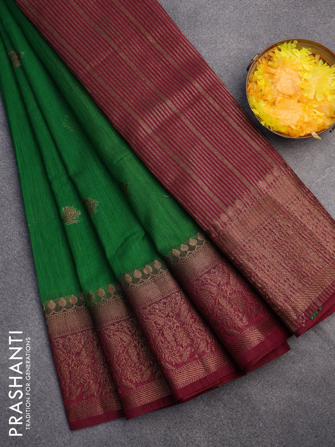 Banarasi semi matka saree green and dark magenta pink with antique zari woven buttas and antique zari border