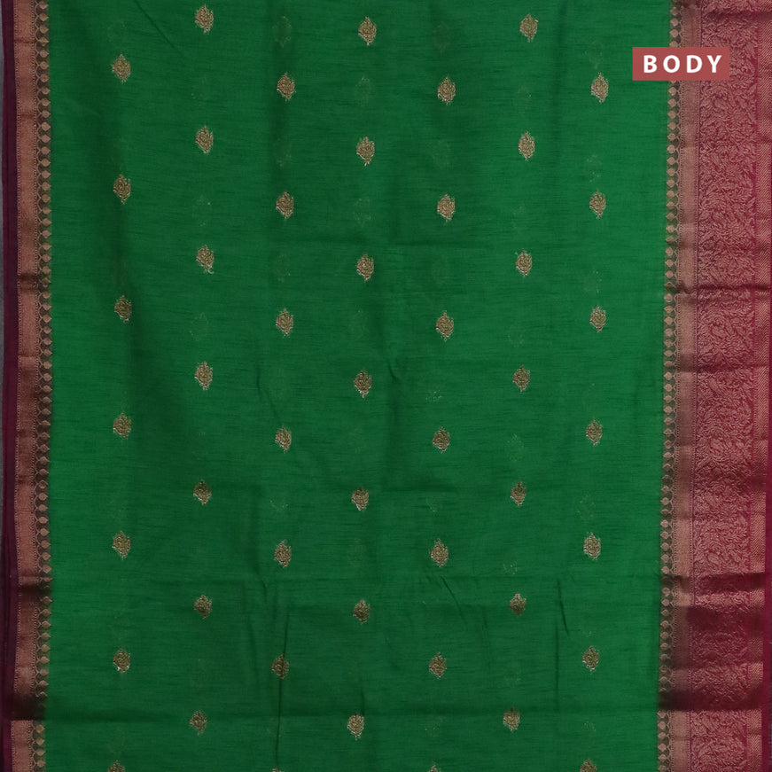 Banarasi semi matka saree green and dark magenta pink with antique zari woven buttas and antique zari border