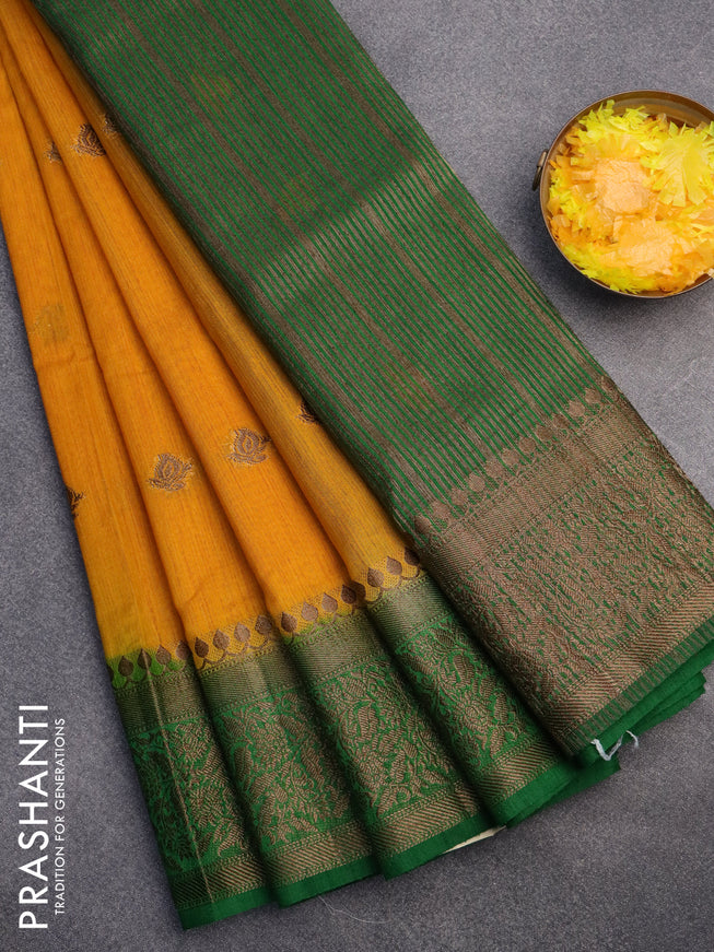 Banarasi semi matka saree mango yellow and green with antique zari woven buttas and antique zari border