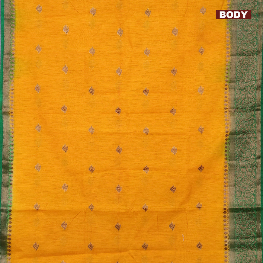 Banarasi semi matka saree mango yellow and green with antique zari woven buttas and antique zari border