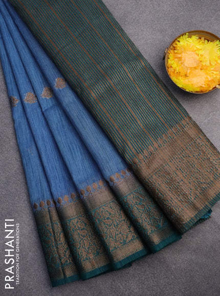 Banarasi semi matka saree blue shade and peacock green with antique zari woven buttas and antique zari border