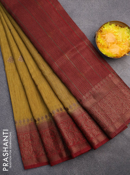 Banarasi semi matka saree mustard shade and maroon with antique zari woven buttas and antique zari border