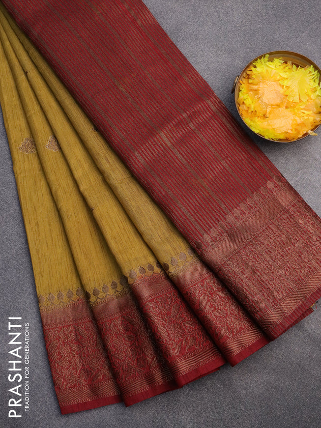 Banarasi semi matka saree mustard shade and maroon with antique zari woven buttas and antique zari border