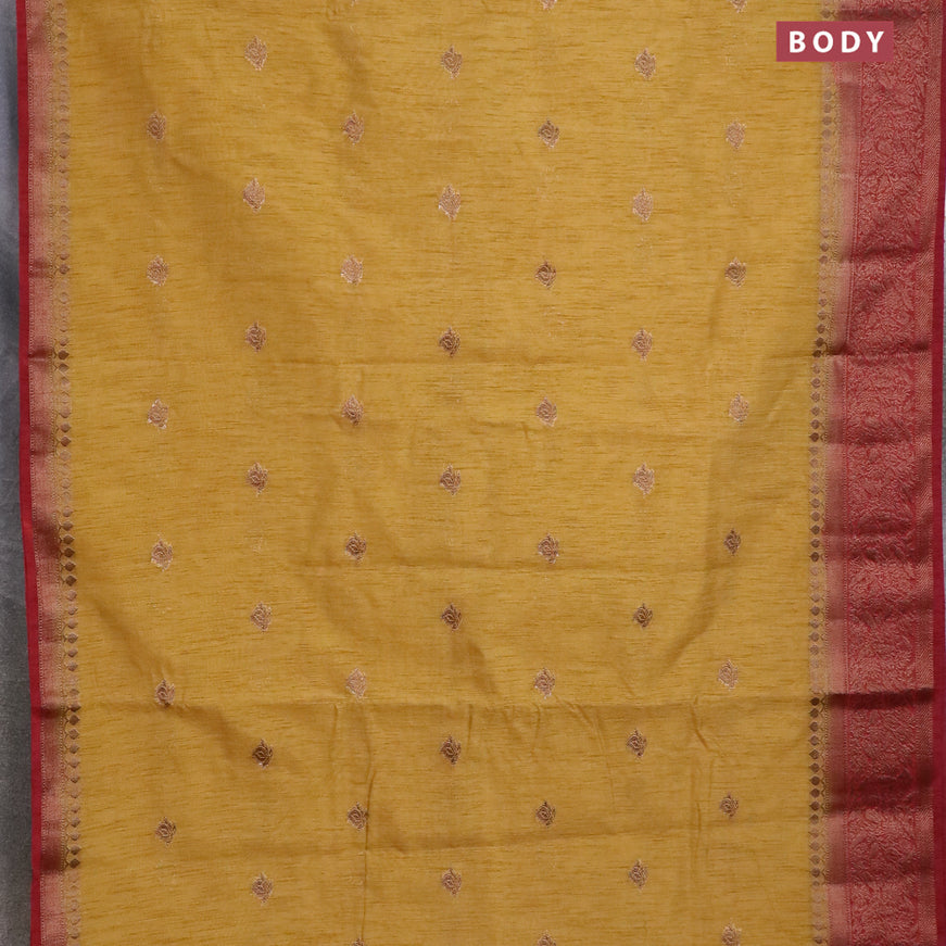 Banarasi semi matka saree mustard shade and maroon with antique zari woven buttas and antique zari border