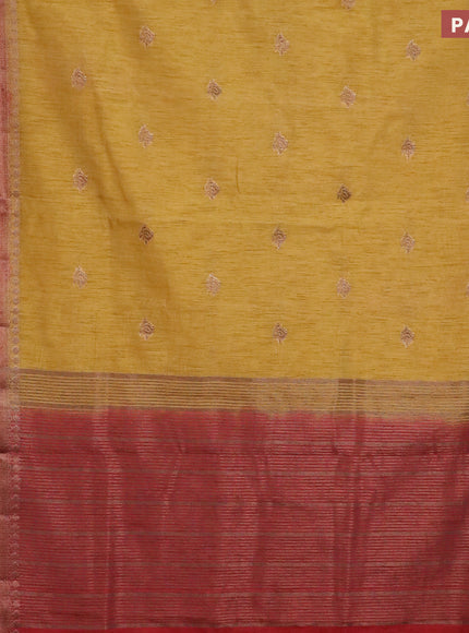 Banarasi semi matka saree mustard shade and maroon with antique zari woven buttas and antique zari border